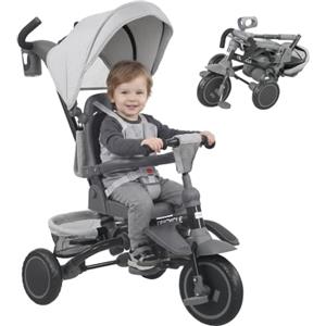 AIYAPLAY 6 in 1 Triciclo Passeggino Bici per Bambini 1-5 Anni 25Kg Grigio | Triciclo Pieghevole, Sedile Girevole Fronte Mamma o Strada, Cappottina, Maniglione, Borsa, Ruote, Cintura a 5 Punti