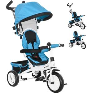 HOMCOM Triciclo per Bambini 1-5 Anni Evolutivo con Maniglione 6 in 1 Blu | Passeggino per Bambini, Tettuccio Regolabile, Cintura di Sicurezza, Cestino
