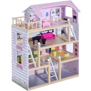 HOMCOM Casa delle Bambole per Bambini 3+ Anni a 4 Piani 60x30x80 cm Rosa | Legno di Pino e MDF, 13 Accessori