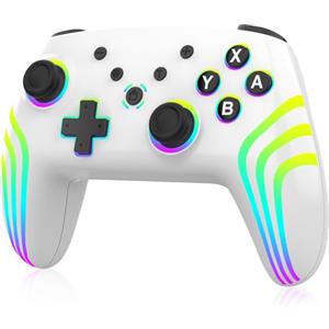 MYSTILUCK Controller Pro Wireless per Switch/Switch 2/Lite/OLED/PC, Bianco | Illuminazione RGB 7 Colori Cambiabili, Grilletti Effetto Hall, Giroscopio 6 Assi, Doppia Vibrazione, Turbo, Design Ergonomico