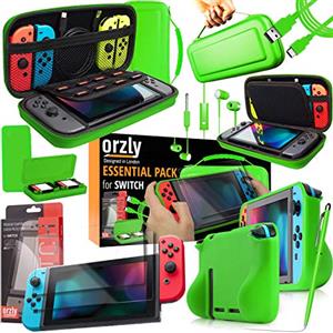 Orzly Accessori per Nintendo Switch (Confezione Include: Custodia per Switch, Copertura per Giochi, Pellicola Protettiva, Grip Case Cover, Cavo USB, Cuffie) Colori di Verde