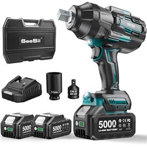 Seesii Avvitatore a Impulsi 1800Nm, 3/4'' Avvitatori a Massa Battente Brushless 10000mAh, Senza Spazzole con 2 Batterie, Trasmissione a 3 Marce, Adattatore per Bit da 3/4'' a 1/2'', 34 mm Presa