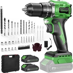 Ginour Set di punte senza spazzole senza fili da 21 V con 2 batterie e caricabatterie, 23+3 torsione, set trapano elettrico brushless, set di trapano a percussione martello da 3/8 pollici