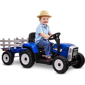 BABYCAR Trattore Elettrico per Bambini con Rimorchio (Blu) - Macchina elettrica per Bambini, Batteria 12V, 2 motori, Trattore Elettrico con Luci e Telecomando