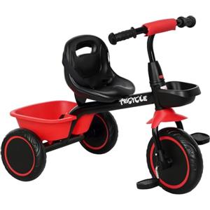 AIYAPLAY Triciclo per Bambini 2-5 Anni con Seduta Regolabile, Cestino Rosso | Bicicletta per Bambini, con Parafango, Facile Montaggio