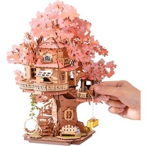 Rolife Puzzle 3D Casa Sakura sull'Albero, Puzzle Legno per Adulti 535 Pezzi, Kit per Costruire Modellini da Costruire a Fissaggio Snap-Fit, Decorazione con Fiori di Sakura Luccicanti
