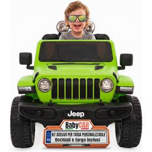 BabyCar Jeep Elettrica Per Bambini | Auto con Sedili in Pelle, Porte Apribili, MP3/USB/Micro SD | Macchina Elettrica per Bambini 12V con 2 Motori 35W | Licenza Ufficiale Jeep | Verde Occhiali-Targa