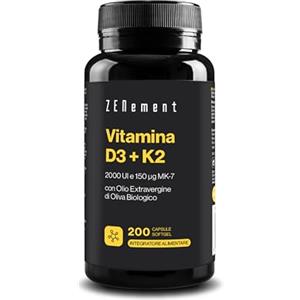 Zenement Vitamina D3 2000 UI + K2 MK-7 150 µg in Olio EVO - 200 Capsule | la Vitamina D contribuisce alla normale funzione immunitaria, Olio EVO Spagnolo, 1 al Giorno, +6 Mesi