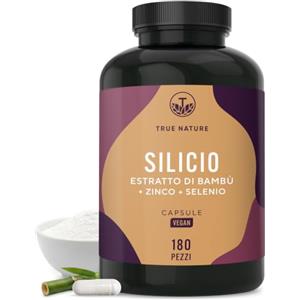 TRUE NATURE Silicio Organico - Alto Dosaggio - 643mg/Giorno - 180 Capsule | Silicio da bambù indiano - zinco e selenio per capelli e unghie normali - vegano, testato in laboratorio & produzione Tedesca