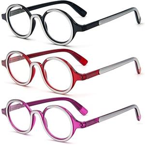 KoKoBin Confezione da 3 Occhiali da Lettura per donne e uomini Retro Round Oversized Frame Anti Luce Blu Occhiali con cerniera a molla (Nero/Rosso/viola, 3, x)