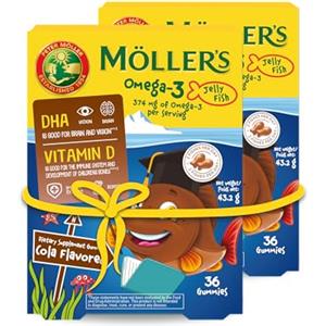 MÖLLER'S Moller's ® | Omega 3 Per Bambini | Olio di pesce omega-3 naturale | Con DHA ed EPA, Senza glutine, lattosio o zuccheri aggiunti | Facili da masticare | Gusto Tutti Frutti | 36 pezzi