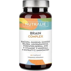 NUTRALIE Nootropico Brain Complex - Memoria e Concentrazione | Bacopa Monnieri, Ginkgo Biloba, Colina, Ginseng, L-Tirosina + Vitamines - Brain Complex 60 Capsule Nutralie