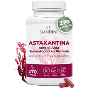Bandini® Astaxantina 270 capsule - per 9 mesi | 8 mg di polvere per capsula | Integratore alimentare 100% Vegano da alga Haematococcus Pluvialis - Astaxanthine senza magnesio stearato, Senza OGM