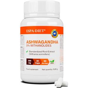 ESPADIET Ashwagandha ad Alta Potenza - 300 mg con 5% di Withanolidi - Rilassamento, riduzione dello stress, riposo e chiarezza mentale - Combinabile con magnesio o melatonina - 30 capsule