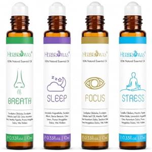 HERBROMAS Set di roll on con oli essenziali di aromaterapia HERBROMAS, miscele naturali già diluite per l'uso sulla pelle, regalo rilassante per donne e uomini, confezione da 4 x10ml.