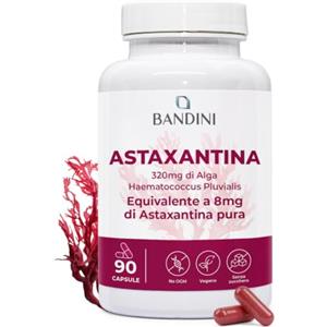 Bandini® Astaxantina 90 capsule 320mg di alga (8mg di Astaxantina Pura) | Integratore alimentare da alga Haematococcus Pluvialis (+3 mesi) - Astaxanthine senza magnesio stearato né OGM - 100% Vegan