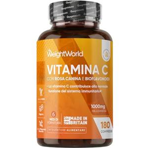 WeightWorld Vitamina C 1000mg Vegana con Rosa Canina, 180 Compresse, per 6 Mesi | 1 al Giorno, Integratore Vitamina C (Acido Ascorbico) e Bioflavonoidi da Citrus Aurantium, Senza Magnesio Stearato e Glutine