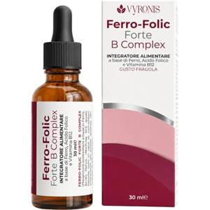 Vyronis Ferro bisglicinato - Integratore di Ferro Liquido e acido folico alta titolazione. Ferro integratore Naturale puro, VitaminaB12 - Supporto per Anemia, Produzione Globuli Rossi - Gusto fragola