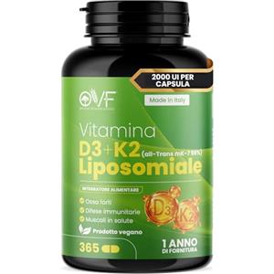 PARAFARMACIA, ORGANIC VITAMINS & FOOD OVF Vitamina D3 K2 Alto Dosaggio 365 Capsule Vegano Vitamina D3 + K2 Liposomiale (MK-7) per Ossa e Denti Crescita Funzione Muscolare Senza Glutine, Soia e Lattosio Made in Italy