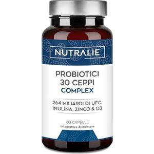 NUTRALIE Fermenti Lattici Probiotici e Prebiotici Intestinali 30 Ceppi | 264 Miliardi di UFC per Dose - Biprotics 30 Ceppi Complex - 60 Capsule Probiotici e Prebiotici Nutralie