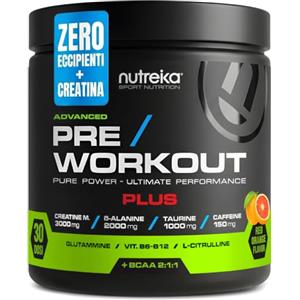 Nutreika Pre Workout Potente + Creatina Monoidrata Pura e Caffeina | Preworkout Forte in Polvere Concentrata 300g - Energia, Forza, Focus per Palestra, Clean Formula Made in Italy