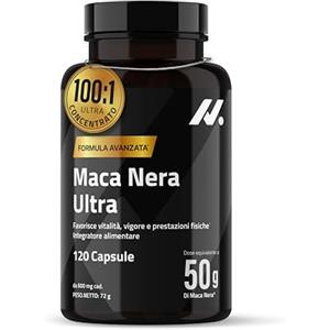 Nyvos Maca Nera Extra Forte Ultra 50.000 mg Equiv. (100:1), Zinco - 120 Capsule | Maca root peruviana, radice essiccata in estratto titolato, vitamina B6 e calcio, senza caffeina, 3 al giorno per 40 giorni