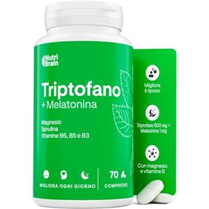 NUTRIBRAIN Triptofano Premium 570mg con Melatonina, Magnesio e Spirulina, Alta Potenza | Per il Sonno, l'Energia, la Concentrazione e il Benessere, Contro l'Ansia, Formulazione Avanzata, NutriBrain