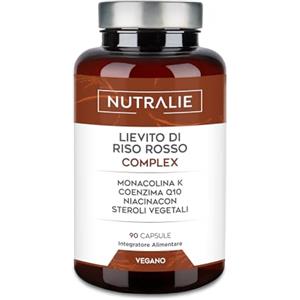 NUTRALIE Riso Rosso Fermentato 2,9mg Monacolina K + Q10 + Vit C E | Lievito di Riso Rosso Fermentato - 90 Capsule Veganes Red Yeast Rice Complex Nutralie