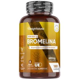 WeightWorld Bromelina Vegana, 180 Capsule (per 6 Mesi), 2500 GDU/g per Capsula, Solo 1 al Giorno, Estratta dall'Ananas, Bromelina Integratore Completamente Privo di Magnesio Stearato, Bromelain Priva di Additivi