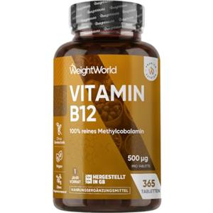 WeightWorld Vitamina B12, 365 Compresse, 1 Anno, Vegane, 1 Compressa al Giorno da 6mm | 500 mcg, B12 Vitamina, Integratore Metilcobalamina Pura, Senza Magnesio Stearato e Privo di OGM, Prodotto nel Regno Unito