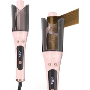 LANDOT Ferro Arricciacapelli Automatico 25mm, 8 Temperature 150-220°C, Rosa | Rivestimento in Ceramica, Riscaldo in 30s, Doppia Tensione 100-240V, Rotazione Bidirezionale, Per Capelli Fini O Spessi