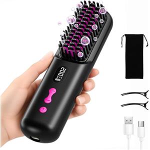 PUGTOW Spazzola Lisciante Senza Fili 40 Milioni di Ioni Negativi, 9600mAh (Nero) | 4 Livelli di Temperatura, Riscaldamento Rapido, Denti della spazzola 3D, Spazzola Lisciante per Capelli per Viaggio