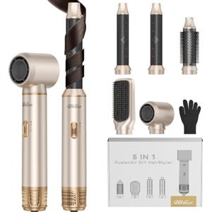 UKLISS Styler 5 in 1 Airbrush Styler con 3 Impostazioni di Calore Con Asciugacapelli da 1000 W, Spazzola ad Aria Calda, Spazzola per Asciugacapelli, Spazzola Rotonda (Oro Argento)