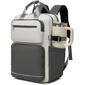 KONO Zaino Donna Porta PC 15,6 Pollici, Impermeabile e Grande Capacità | con Tasca Porta Borraccia, Zaino Antifurto per PC Portatile, per Lavoro Università Viaggio, Beige/Grigio