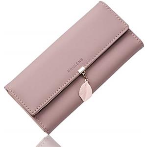 Roulens Portafoglio da donna in pelle sintetica con blocco RFID, portafoglio con bottoni a pressione a forma di foglia