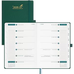 BEZEND Agenda 2026 2027 Settimanale A5 con Doppio Orario - 21 x 15,5 cm | 18 Mesi Diario Scuola da Lug.26 a Dic.27 per Lavoro e Vita o Due Persone, Copertina Rigida in Pelle PU - Verde Foresta