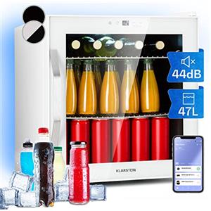 KLARSTEIN Smart Mini Frigo per Birra, Frigo Portatile da Camera, Frigorifero Piccolo Silenzioso da Ufficio, Mini da Camera con Porta in Vetro e Ripiani Rimovibili, Bar 5-18°C, IoT/App, 47L