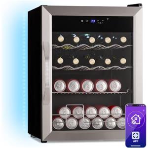 KLARSTEIN Coachella 60 Smart - Frigo per Bibite, 60L, Frigo per Bibite con Vetrina, WiFi, LED, 3 Ripiani Rimovibili, Acciaio Inox, 3-18 °C, Silenzioso, Design Compatto