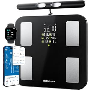 masmssm Bilancia Pesapersone 8 Elettrodi Impedenziometrica, Display VA, 28 Metriche | BIA a Doppia Frequenza, 28 Metriche Corporee, Compatibile iOS & Android, 30 × 30 cm, iOS & Android, Fino a 180 kg/ 400 lb
