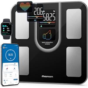 masmssm Bilancia Pesapersone Digitale, Impedenziometrica, Display VA, 22 Metriche | Bilancia Smart, Frequenza Cardiaca, Massa Grassa e Muscolare, 4 Sensori, 0,05 kg, iOS & Android, Fino a 180 kg/400 lb