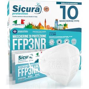 SICURA MASCHERINE CHIRURGICHE 10 Mascherine FFP3 Made in Italy Bianche Senza Valvola in Bustina Sigillata | BFE ≥99% e PFE ≥99% Mascherine sigillate singolarmente