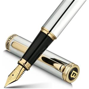BEILUNER Penna Stilografica di Lusso, Finitura Laccata con Fregi e Pennino Dorati 24K, Regalo Affidabile con Convertitore per Lui e Lei, Penna Elegante - Cromo & Oro, Pennino Medio