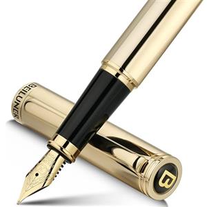 BEILUNER Penna Stilografica di Lusso, Finitura Laccata con Fregi e Pennino Dorati 24K, Regalo Affidabile con Convertitore per Lui e Lei, Penna Elegante - Oro, Pennino Medio