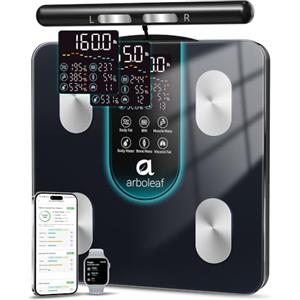 arboleaf Bilancia Impedenziometrica Intelligente, 50 Metriche, 180 kg, Nero | Bilancia Pesapersone Digitale, Bluetooth e APP, Ampio Display, BIA a 8 Elettrodi, Analisi Corporea per BMI,Muscoli e Grassa