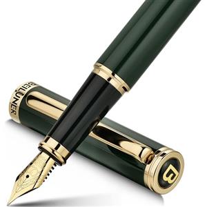 BEILUNER Penna Stilografica di Lusso, Finitura Laccata con Fregi e Pennino Dorati 24K, Regalo Affidabile con Convertitore per Lui e Lei, Penna Elegante - Verde & Oro, Pennino Fine