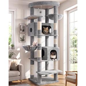 Globlazer Tiragraffi Grandi Alto 188 cm con 2 Grotta, 2 Cesto, Piattaforma Imbottiti, Antiribaltamento Albero Tiragraffi per Gatti Adulti Morbido Peluche Facile da Pulire (S74, Grigio Chiaro)