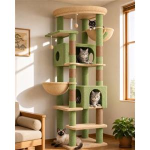 Globlazer Tiragraffi XXL Verde Cactus Grandi 188 cm con 2 Grotta 50*30*30CM, 2 Cesto, Piattaforma Imbottiti, Stabile Albero Tiragraffi per Gatti Adulti Interno Peluche Facile da Pulire (S74, Verde)