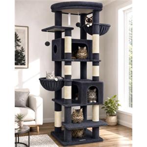 Globlazer Tiragraffi Grandi Alto 188 cm con 2 Grotta, 2 Cesto, Piattaforma Imbottiti, Antiribaltamento Albero Tiragraffi per Gatti Adulti Morbido Peluche Facile da Pulire (S74, Grigio Scuro)