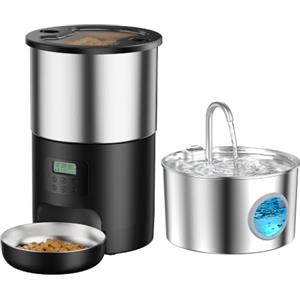 VOUAAOOD Fontanella per Gatti e Distributore Cibo Gatti in Acciaio Inox Automatico | Fontana Per Gatti e Dispenser Cibo Gatto - 2.2L Dispenser Acqua Gatti - 5L Mangiatoia con Timer Programmabile 4 Pasti