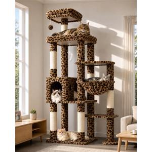 Globlazer Tiragraffi per Gatti Leopardo XL, Albero Gatti Grandi 167 cm con Grande Piattaforma Imbottiti Trespoli Grotte Cesto, Torre del Gatto Stabile per 2-4 Grandi Gatti Adulti (F65B, Leopardo)